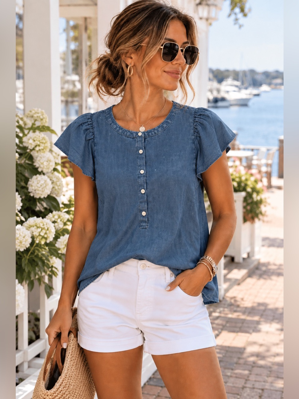 💙 LOFT Petite Chambray Denim Flutter Sleeve Top – MP